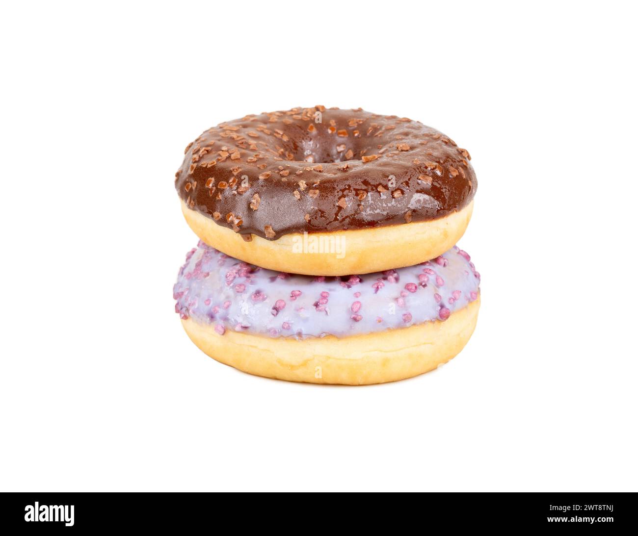 Zwei Donuts mit Früchten und Schokoladenglasur übereinander auf weißem Hintergrund Stockfoto