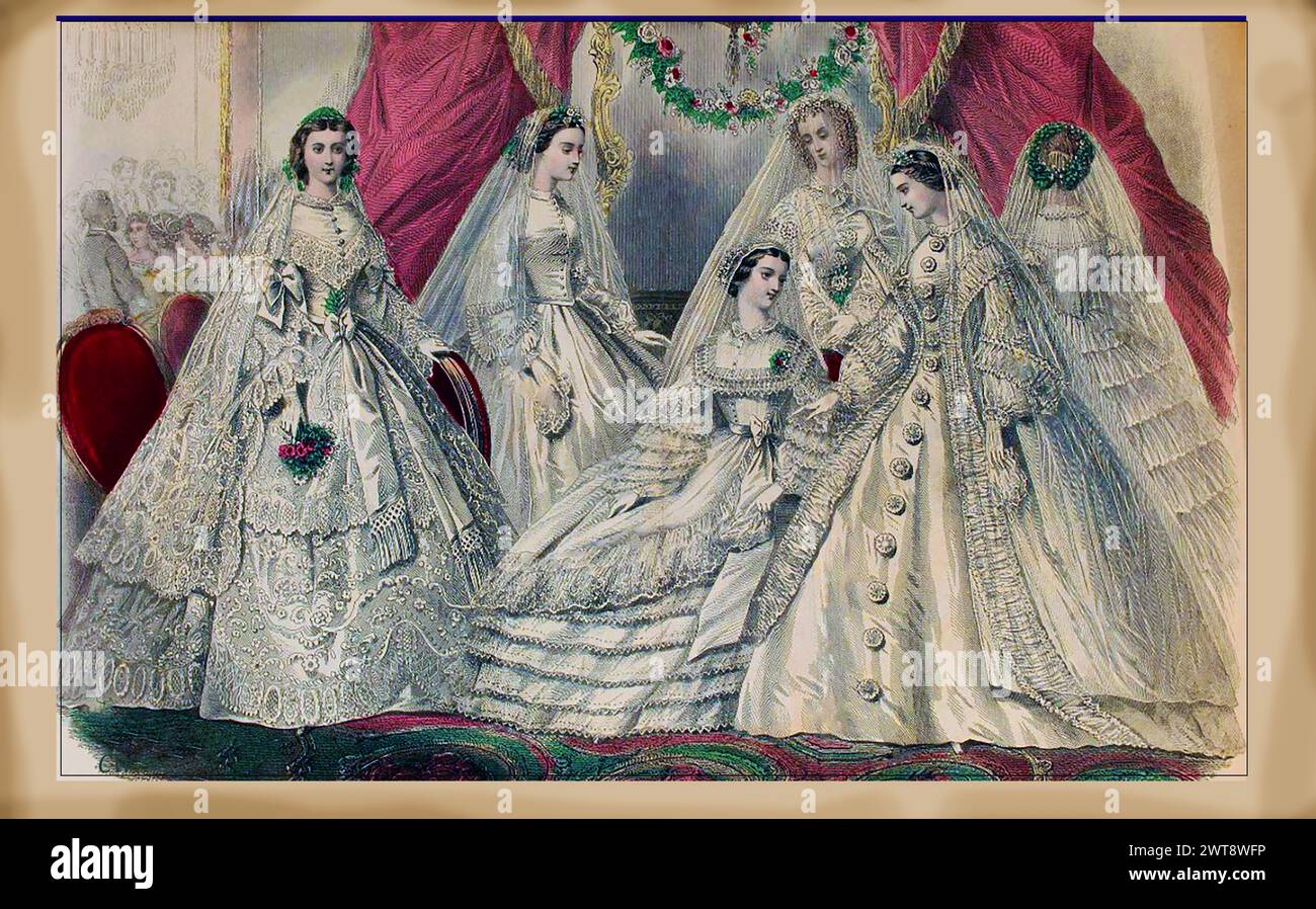 Viktorianisches britisches Hochzeitskleid Moden 1861. Stockfoto
