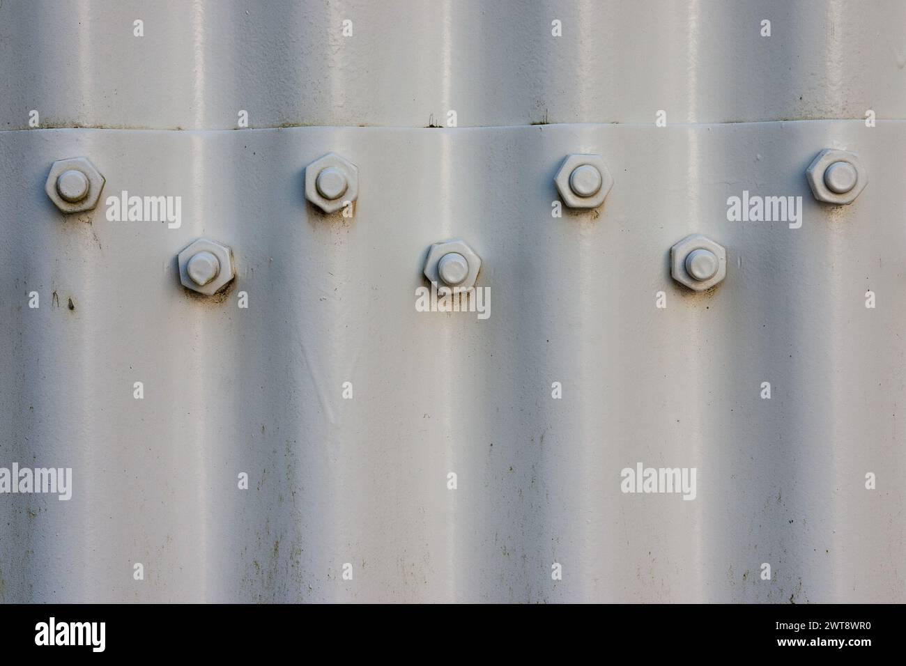 Schrauben, die weiße Wellbleche in einem einfachen, monochromen Bild miteinander verbinden. Stockfoto