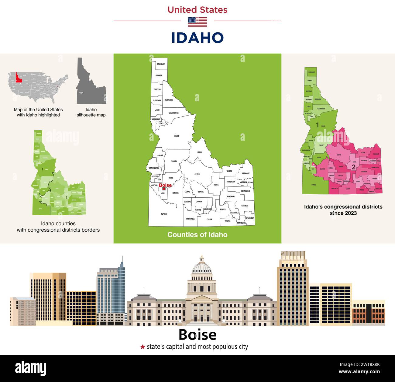 Idaho Countys Karte und Kongressbezirke seit 2023 Karte. Skyline von Boise – Hauptstadt des Bundesstaates und bevölkerungsreichste Stadt. Vektorsatz Stock Vektor
