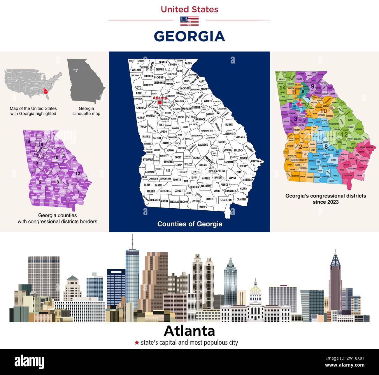 Georgia Countys Karte und Kongressbezirke seit 2023 Karte. Skyline von Atlanta – Hauptstadt des Bundesstaates und bevölkerungsreichste Stadt. Vektorsatz Stock Vektor