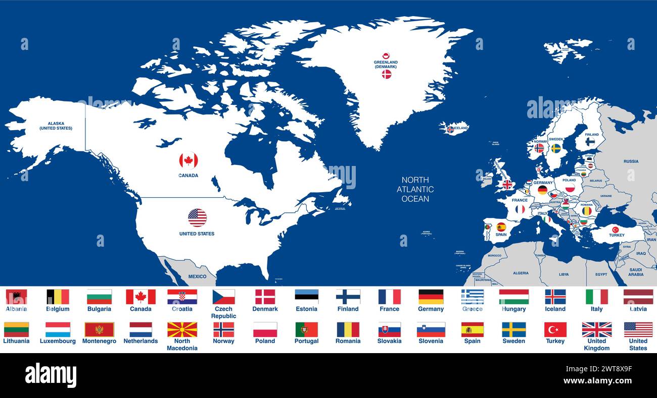 Mitgliedstaaten der NATO (Nordatlantikvertragsorganisation) mit allen Flaggen in alphabetischer Reihenfolge. Vektorabbildung Stock Vektor