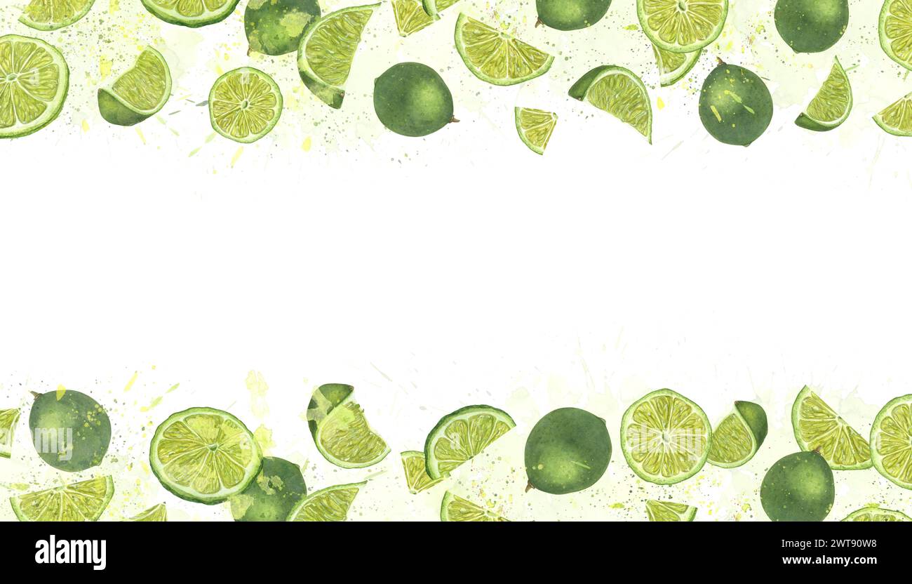 Saftige, reife Limettenscheiben mit Spritzern Zitrussaft. Horizontaler Rahmen mit Kopierraum für Text. Botanische Illustration des Sommers mit Aquarell. Stockfoto