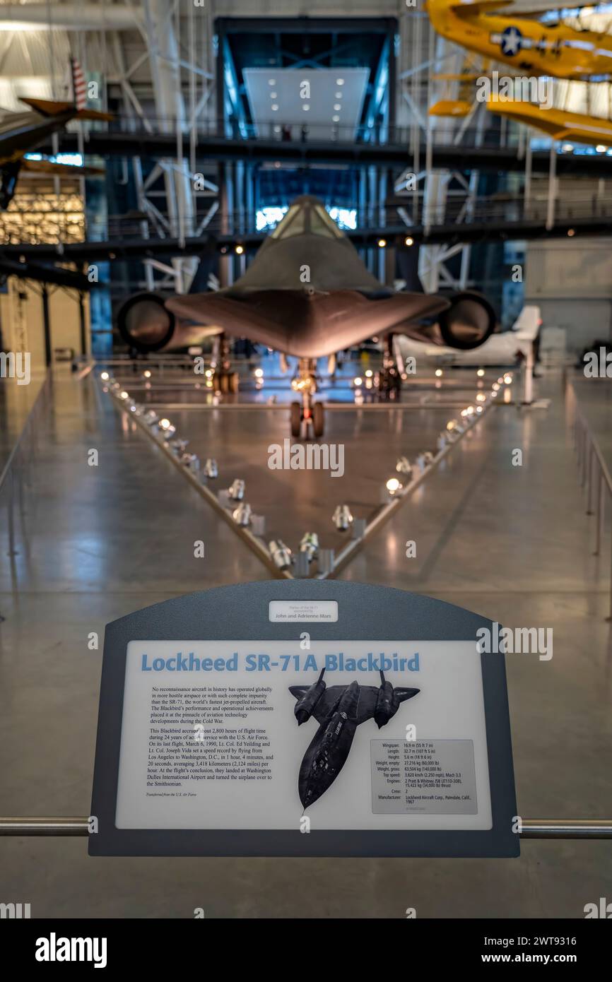 Der Lockheed SR-71 Blackbird im Steven F. Udvar-Hazy Center National Air and Space Museum in Chantilly, VA. Stockfoto