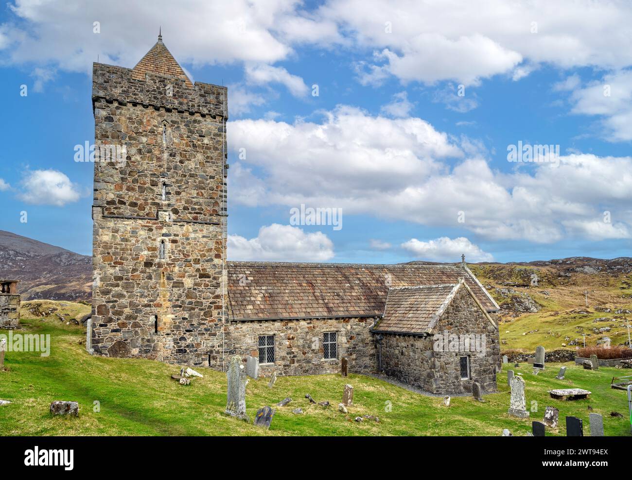 Die St. Clemens Church aus dem 15. Jahrhundert, Rodel, Isle of Harris, Äußere Hebriden, Schottland, UK Stockfoto