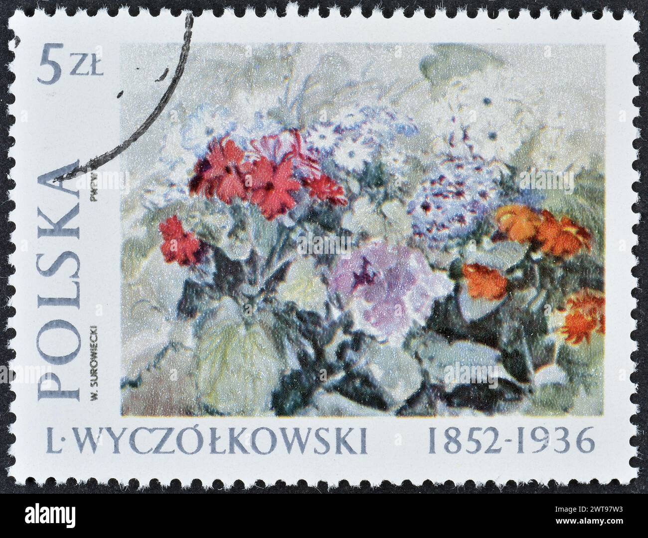 Gestempelte Briefmarke, gedruckt von Polen, auf der das Gemälde Cineraria Flowers, 1924 von Leon Wyczolkowski (1852–1936), um 1987 zu sehen ist. Stockfoto