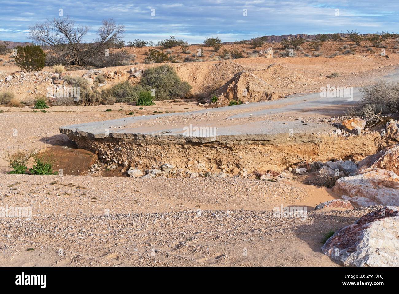 Asphaltstraße, die von einer Wüstenspülung in der Nähe der North Muddy Mountains in Nevada ausgewaschen wurde Stockfoto