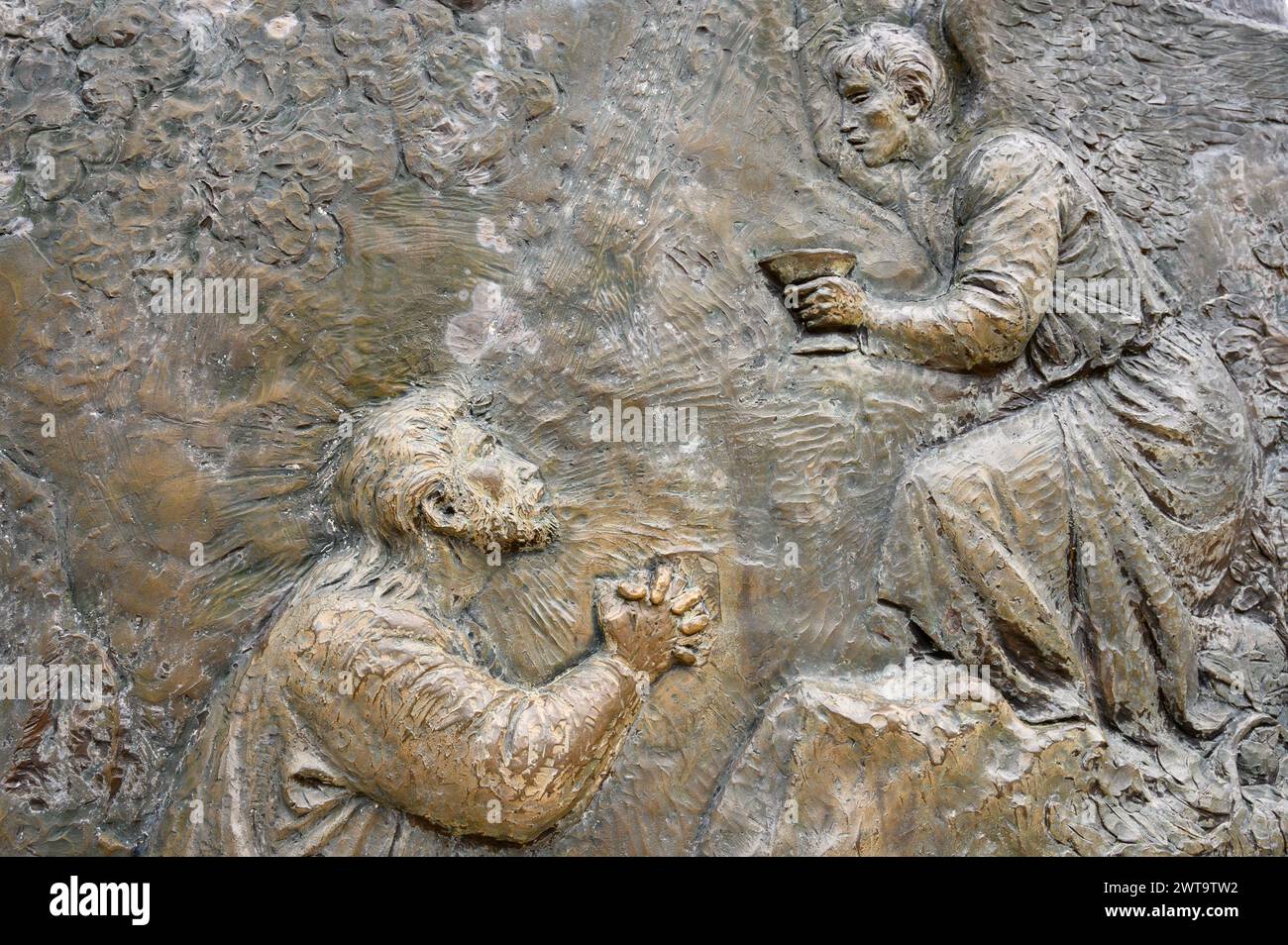 Die Qual Jesu im Garten – das erste schmerzhafte Geheimnis des Rosenkranzes. Eine Reliefskulptur auf dem Berg Podbrdo (der Hügel der Erscheinungen) in Medjugorje. Stockfoto