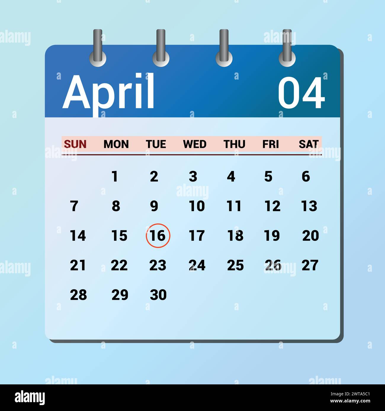 April. Kalender mit flachen Symbolen auf blauem Hintergrund isoliert. Vektorillustration für Datum und Monat Stock Vektor