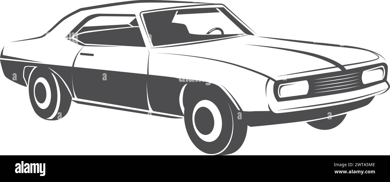 Schwarzes Symbol im Retro-Auto. Zeichnung des fahrenden Fahrzeugs Stock Vektor