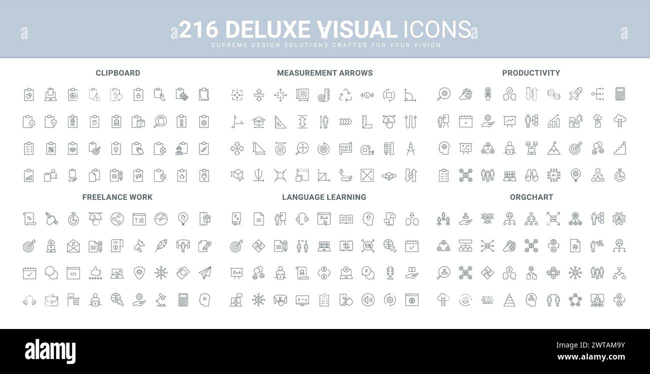 Produktivität von Geschäftsprozessen und Startup, Freiberufler, Sprachlernsymbole. Messpfeil, Strukturhierarchie der Firma dünne schwarze Umrisssymbole Vektorillustration Stock Vektor