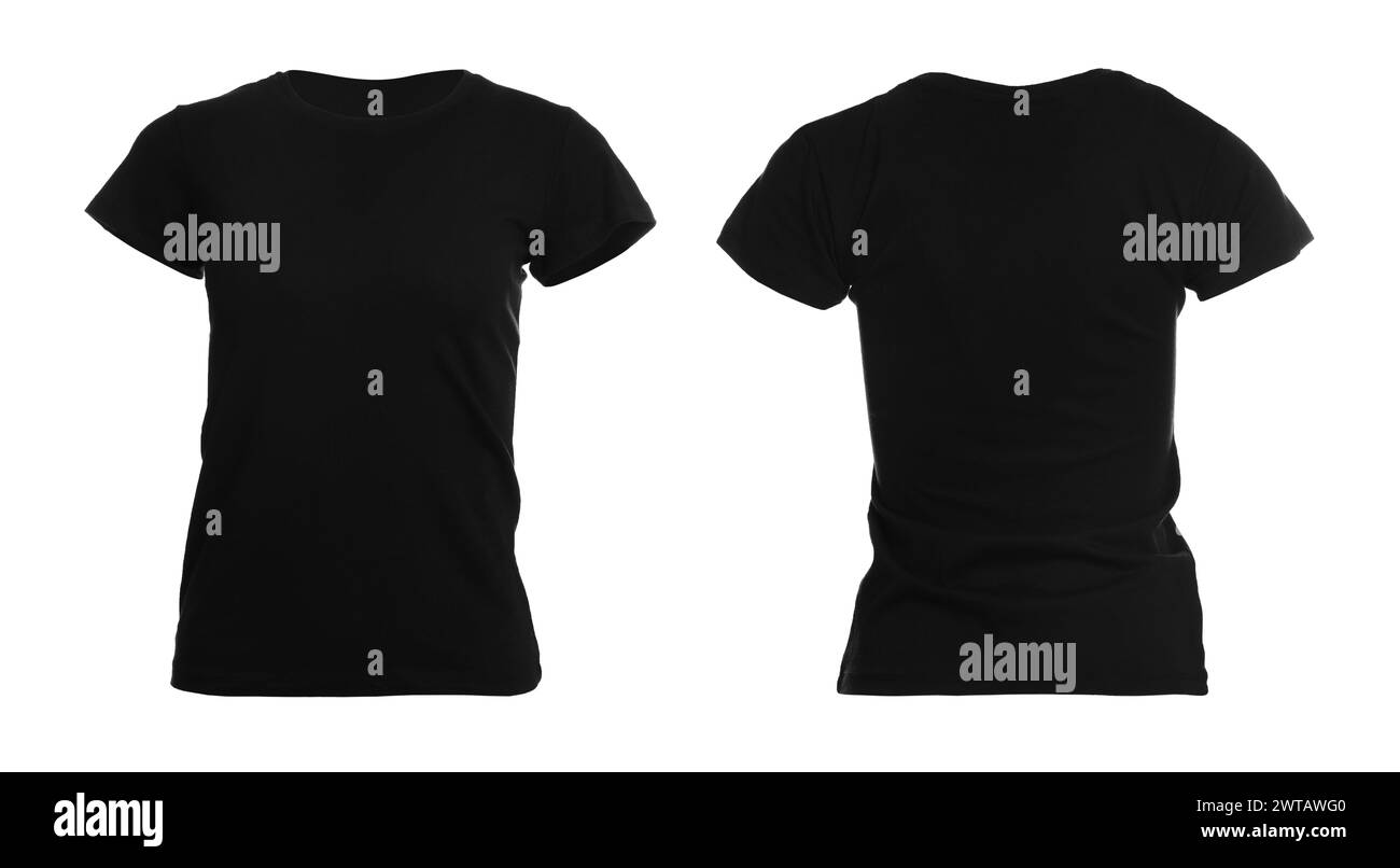 Schwarzes T-Shirt mit Platz für Design, isoliert auf weiß. Rückansicht und Vorderansicht Stockfoto