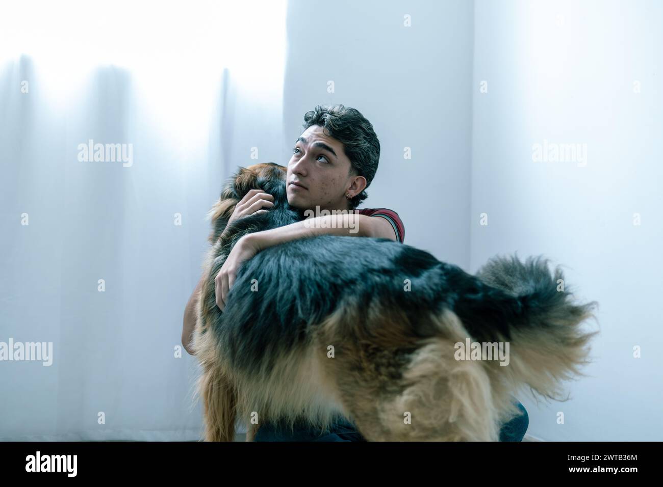 Eine herzliche Umarmung zwischen einem jungen Latino und seinem treuen Deutschen Schäferhund drinnen Stockfoto