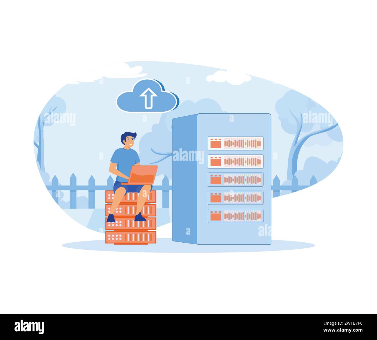 Big Data und Cloud-Computing. Geschäftsmann, der im Rack sitzt und Remote-Server verwendet, um große Datenmengen zu analysieren und Fehler zu erkennen. Flacher Vektor m Stock Vektor