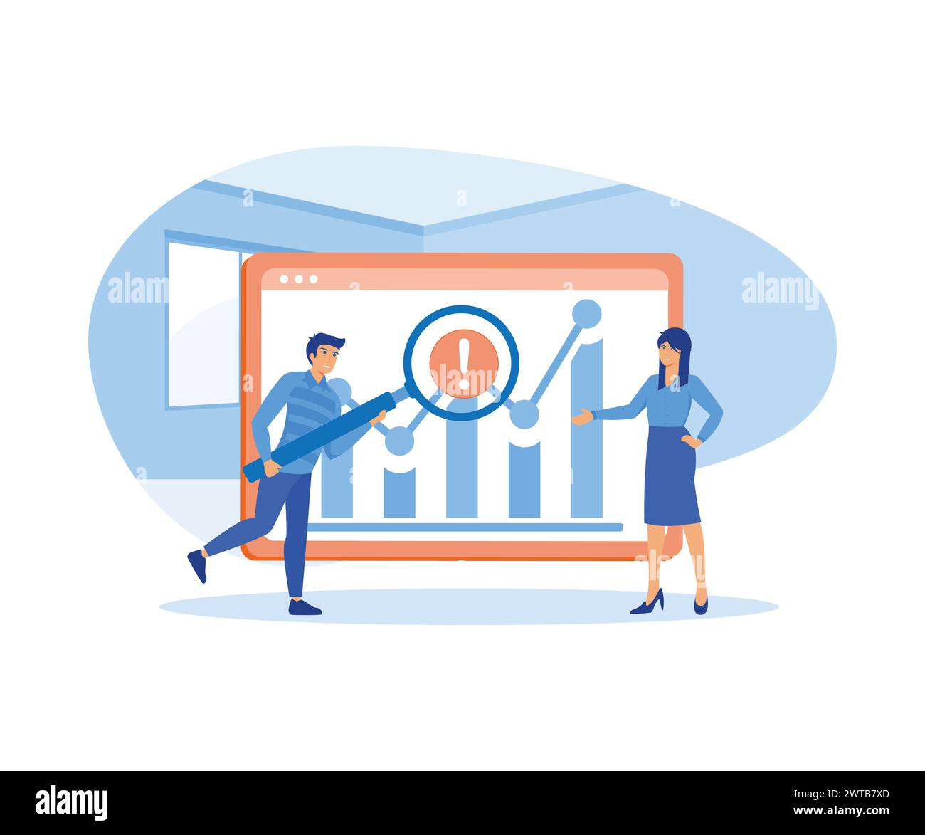 Big Data und Cloud-Computing. Menschen verwenden Lupen, um große Datenmengen zu analysieren und Fehler zu erkennen. Moderne Illustration des flachen Vektors Stock Vektor