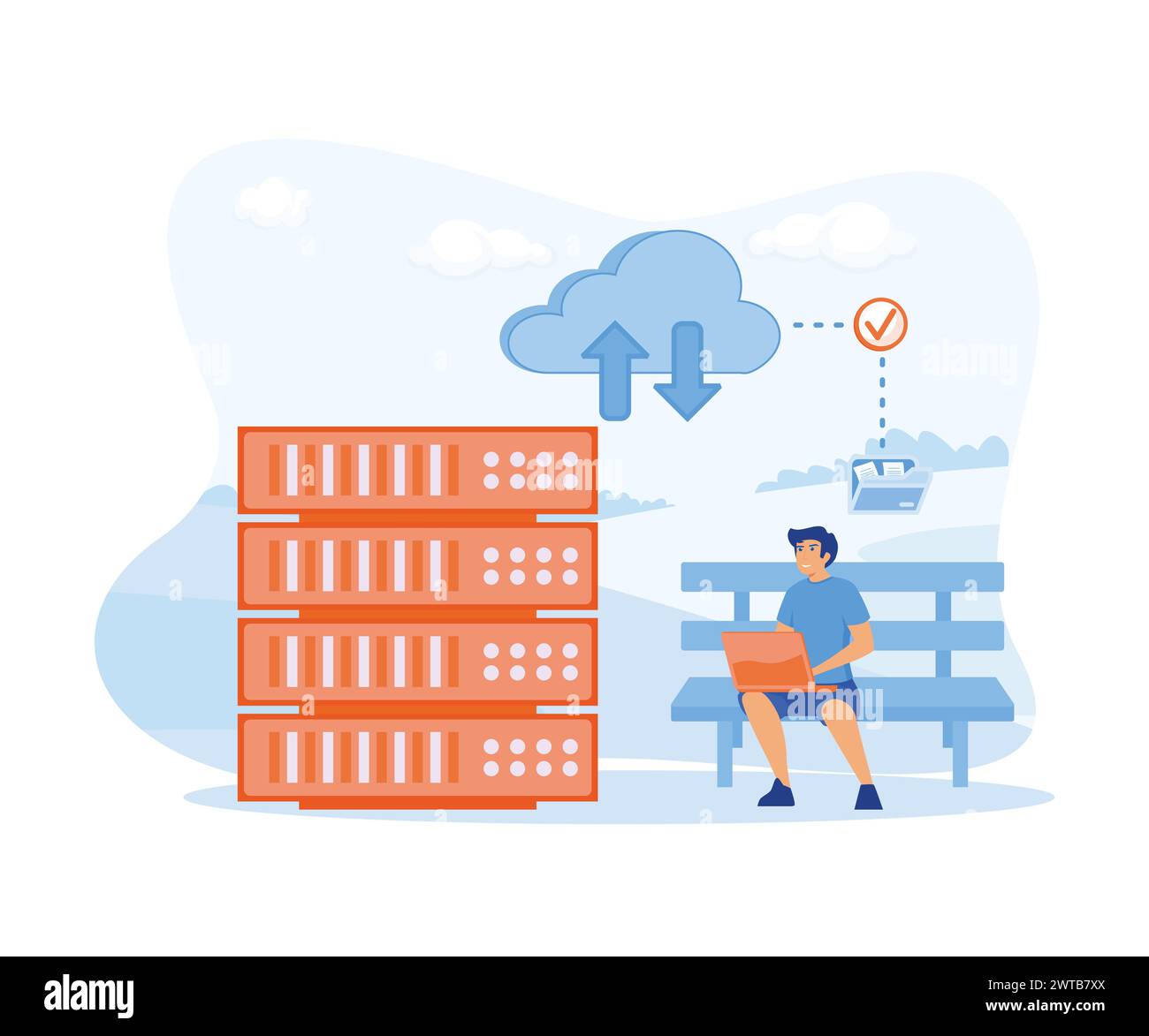 Cloud-Speicherkonzept. Digital Hosted Storage, Datenbanksicherheit, Dateninfrastrukturdienst, Cloud. Moderne Illustration des flachen Vektors Stock Vektor