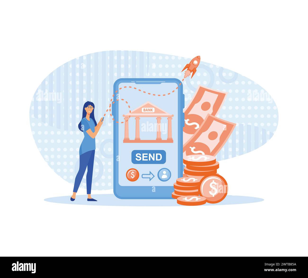 Mobiles Banking modernes Konzept. Frau zahlt für Einkäufe oder sendet Geld über die Smartphone-App. Moderne Illustration des flachen Vektors Stock Vektor