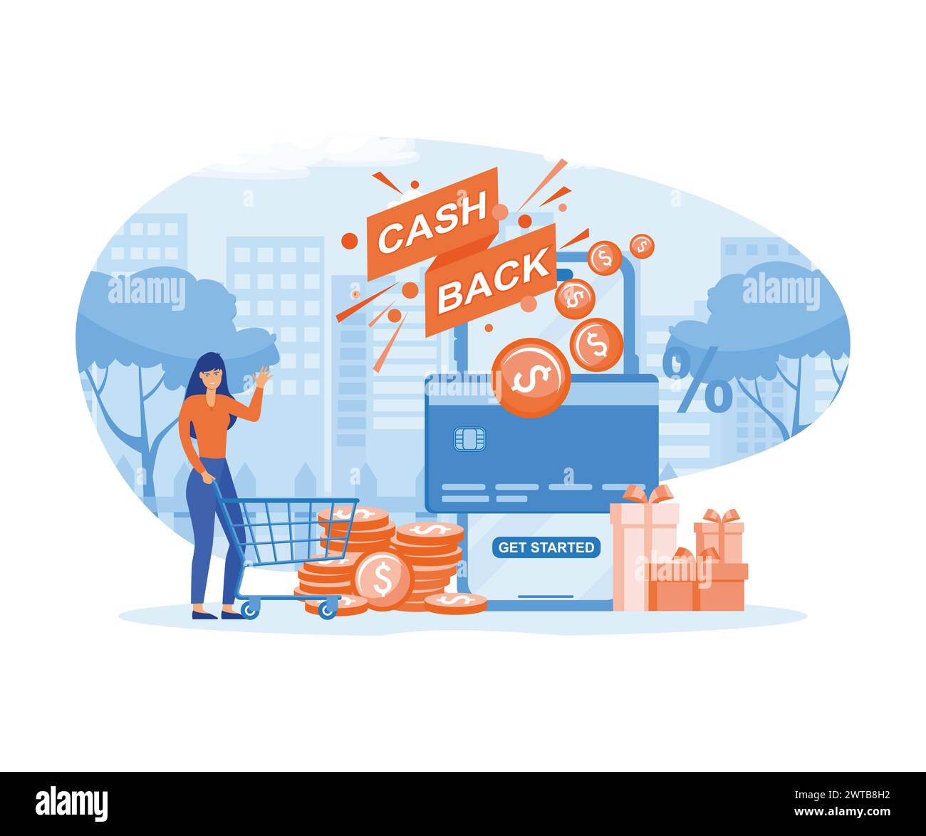 Cash-Back-Konzept. Geld sparen. Service-App „Geld zurückerstatten“ auf dem Smartphone-Bildschirm. Online-Banking. Moderne Illustration des flachen Vektors Stock Vektor