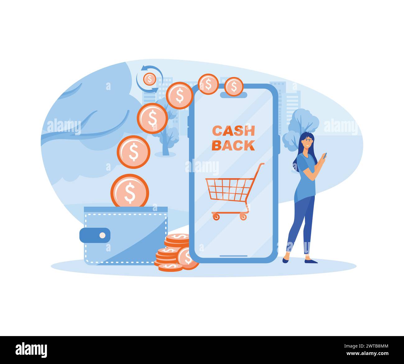 Frau im Smartphone gibt den Prozentsatz des Geldes, Münzen und Bargelds aus dem Online-Shop auf große Geldbörse zurück. Moderne Illustration des flachen Vektors Stock Vektor