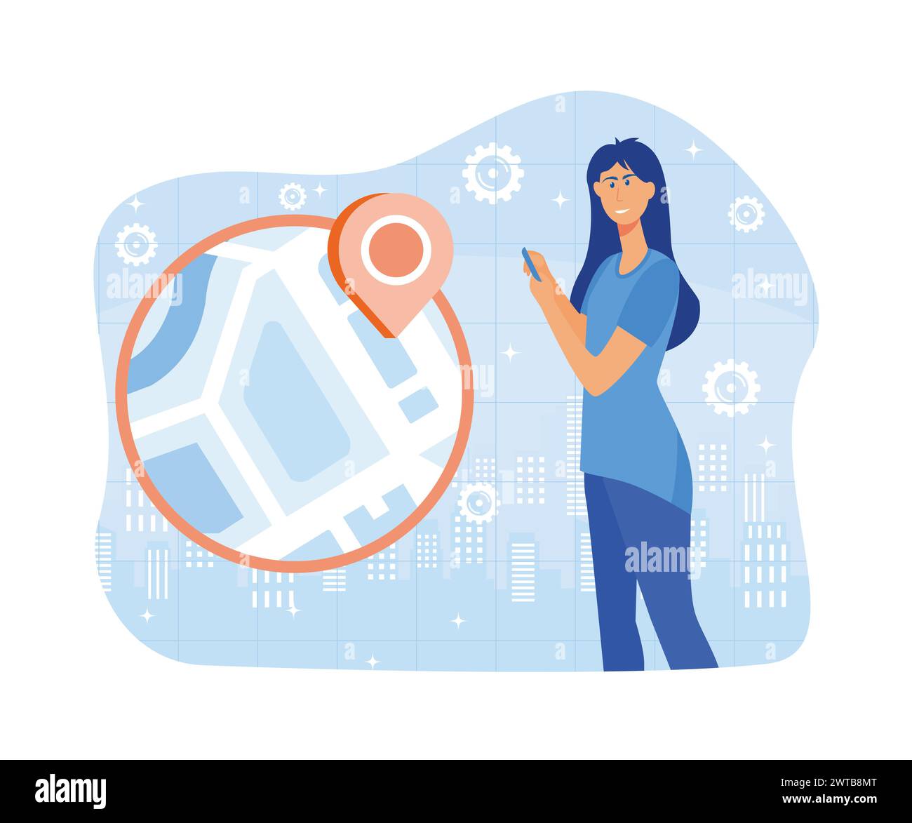 Junge weibliche Figur mit einer Navigations-App. Karte und Geo-Tag. Millennials und Geräte. Moderne Illustration des flachen Vektors Stock Vektor