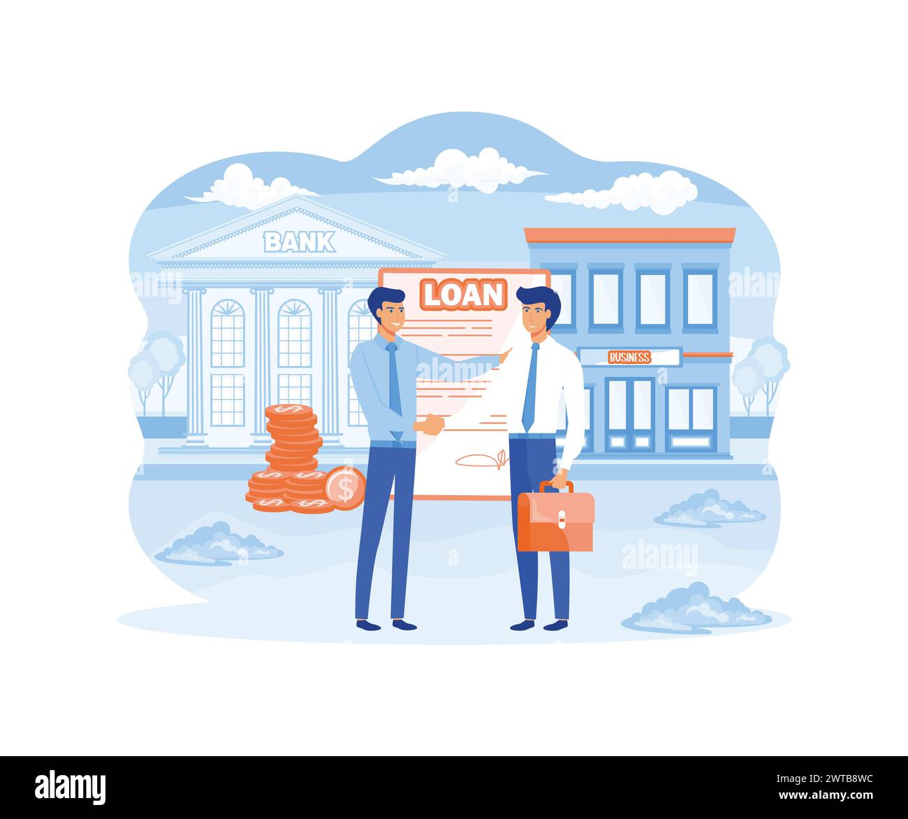 Unternehmenskreditkonzept. Geschäftsmann, der Geld in der Bank leihen oder schuldet, um sein Geschäft zu verbessern. Moderne Illustration des flachen Vektors Stock Vektor