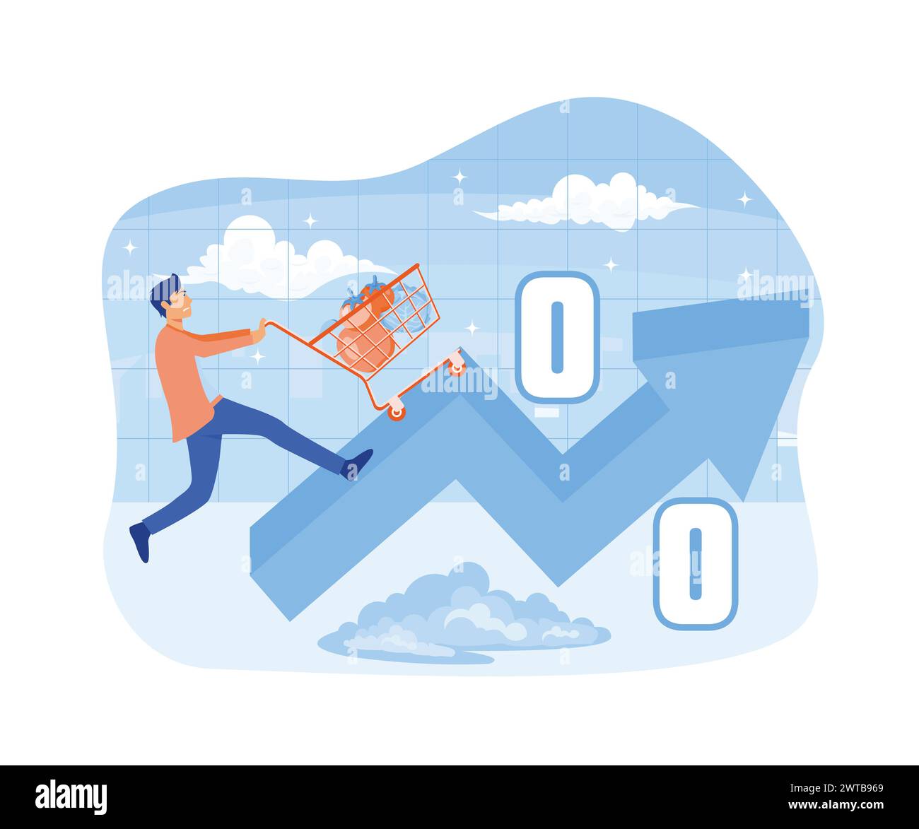 Inflation der Lebensmittelpreise. Auswirkungen auf das Wirtschaftswachstum. Lebensmittelpreise Steigen. Die Preise für Rohstoffe und Konsumgüter stiegen aufgrund der steigenden Inflation an. Flach ve Stock Vektor