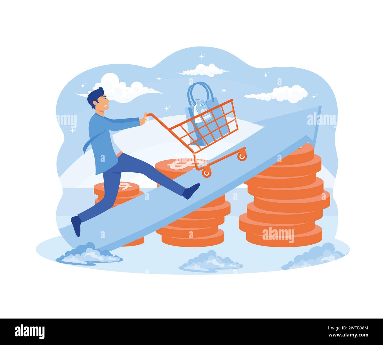 Inflation und Preise steigen nach Geldwertwachstum Tiny-Person-Konzept. Wirtschaft und Wirtschaft instabile Prognose mit Finanzproblemen und Markt Stock Vektor