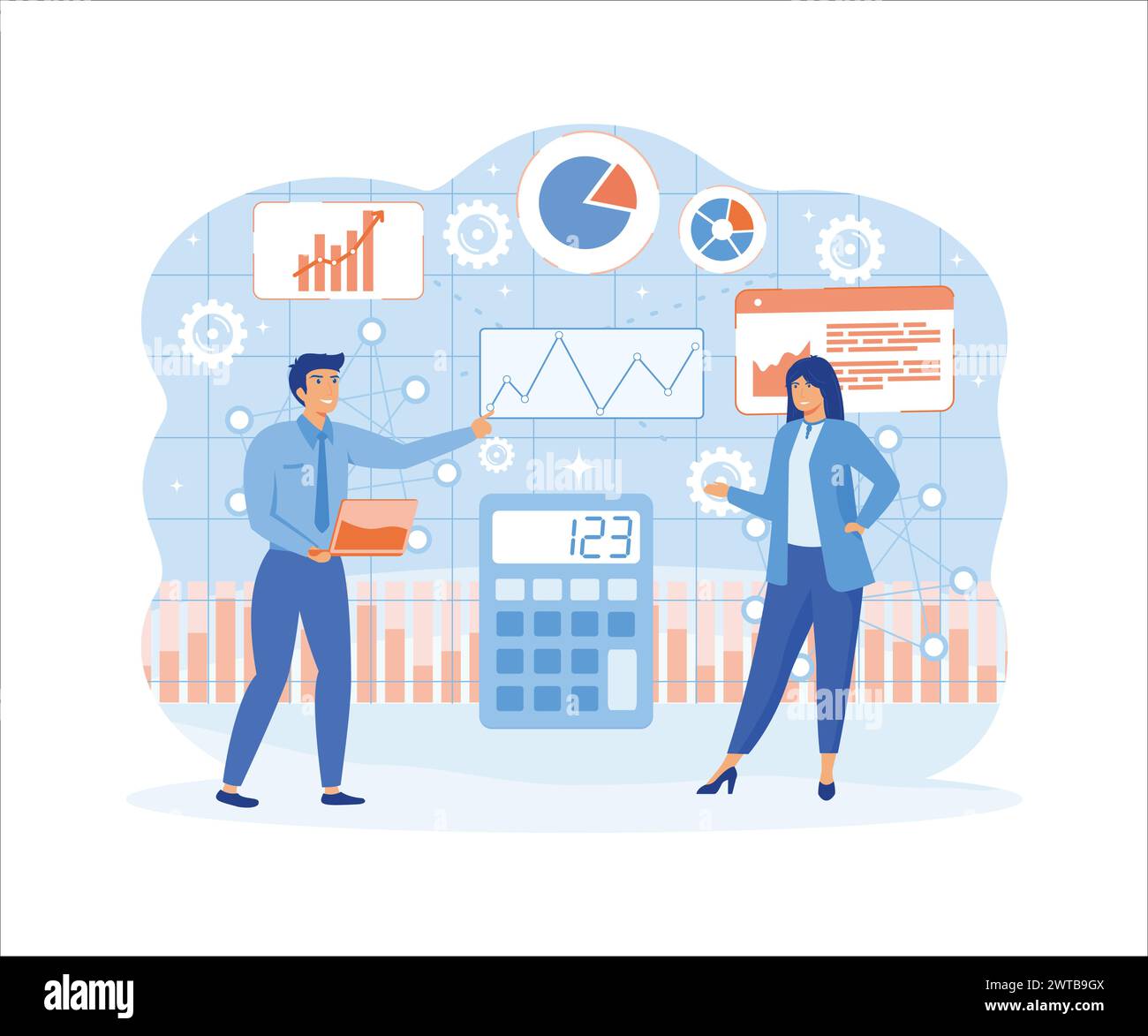 Datenverarbeitung und -Visualisierung. Personen, die Diagramme erstellen und Statistiken analysieren, um das Datenpotenzial zu erschließen. Moderne Illustration des flachen Vektors Stock Vektor