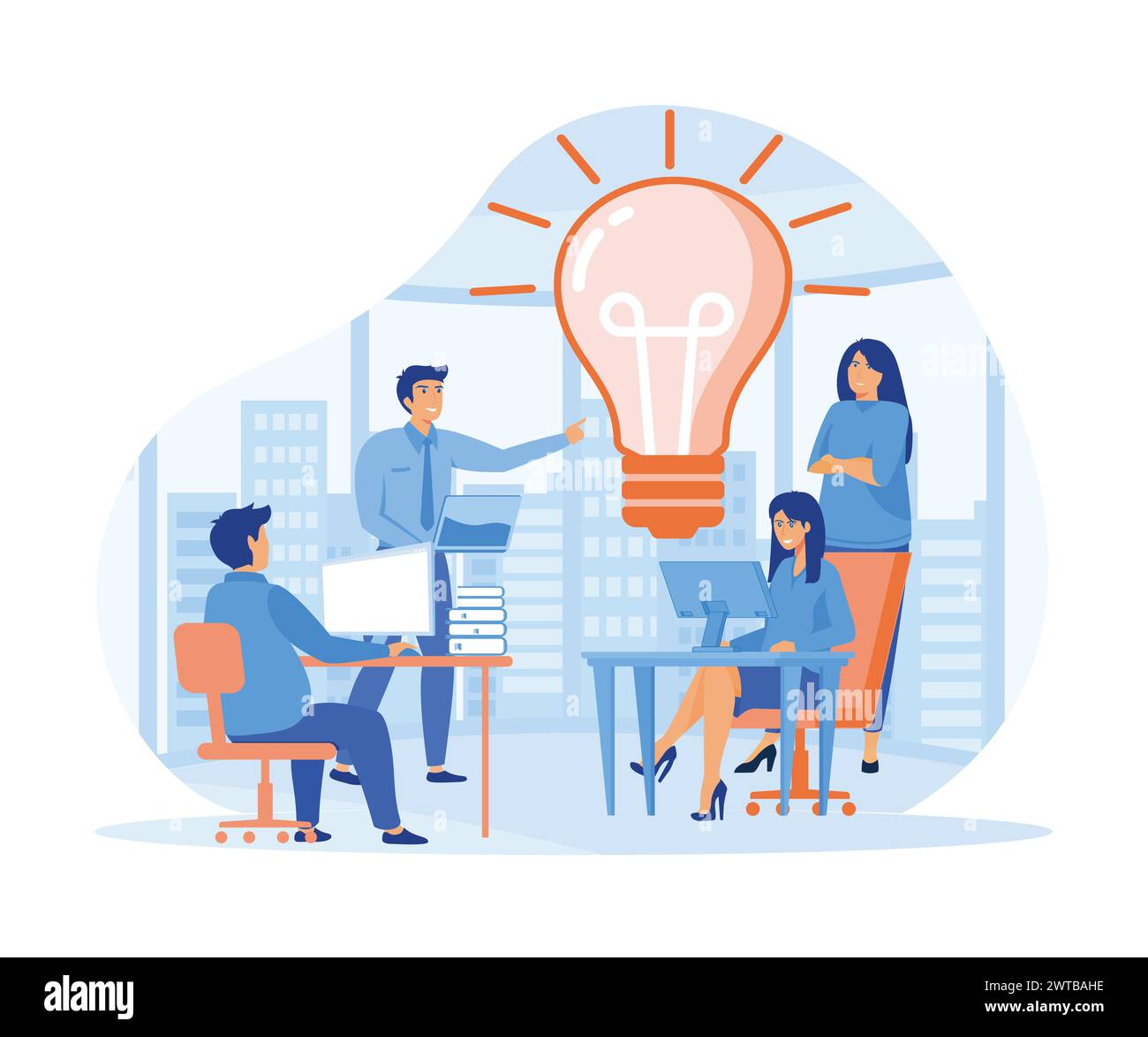 Brainstorming-Konzept. Online-Assistent bei der Arbeit. manager bei der Fernarbeit, auf der Suche nach neuen Ideen Lösungen, Zusammenarbeit im Unternehmen. Flacher Vect Stock Vektor