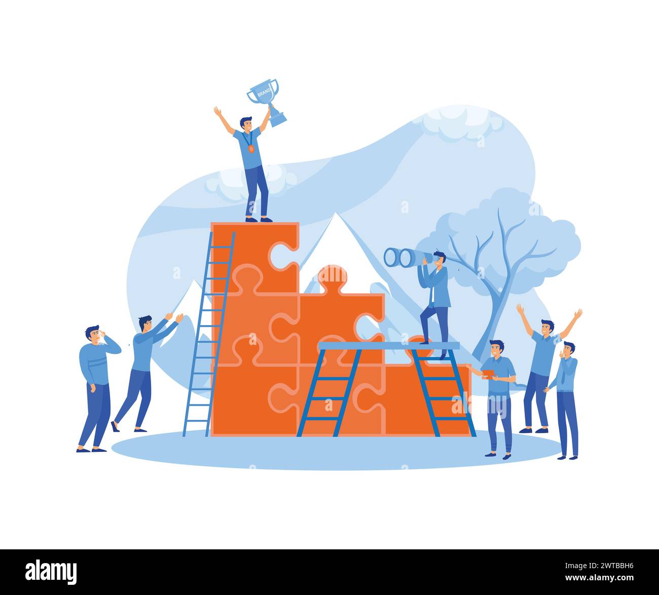 Konzept des Erfolgs-Geschäftsteams. Die Leute arbeiten an ihrer Rolle mit Geschäftsfrau, die mit großen goldenen Trophäen auf die Puzzle-Elemente aufmuntert. Flat Vector mod Stock Vektor