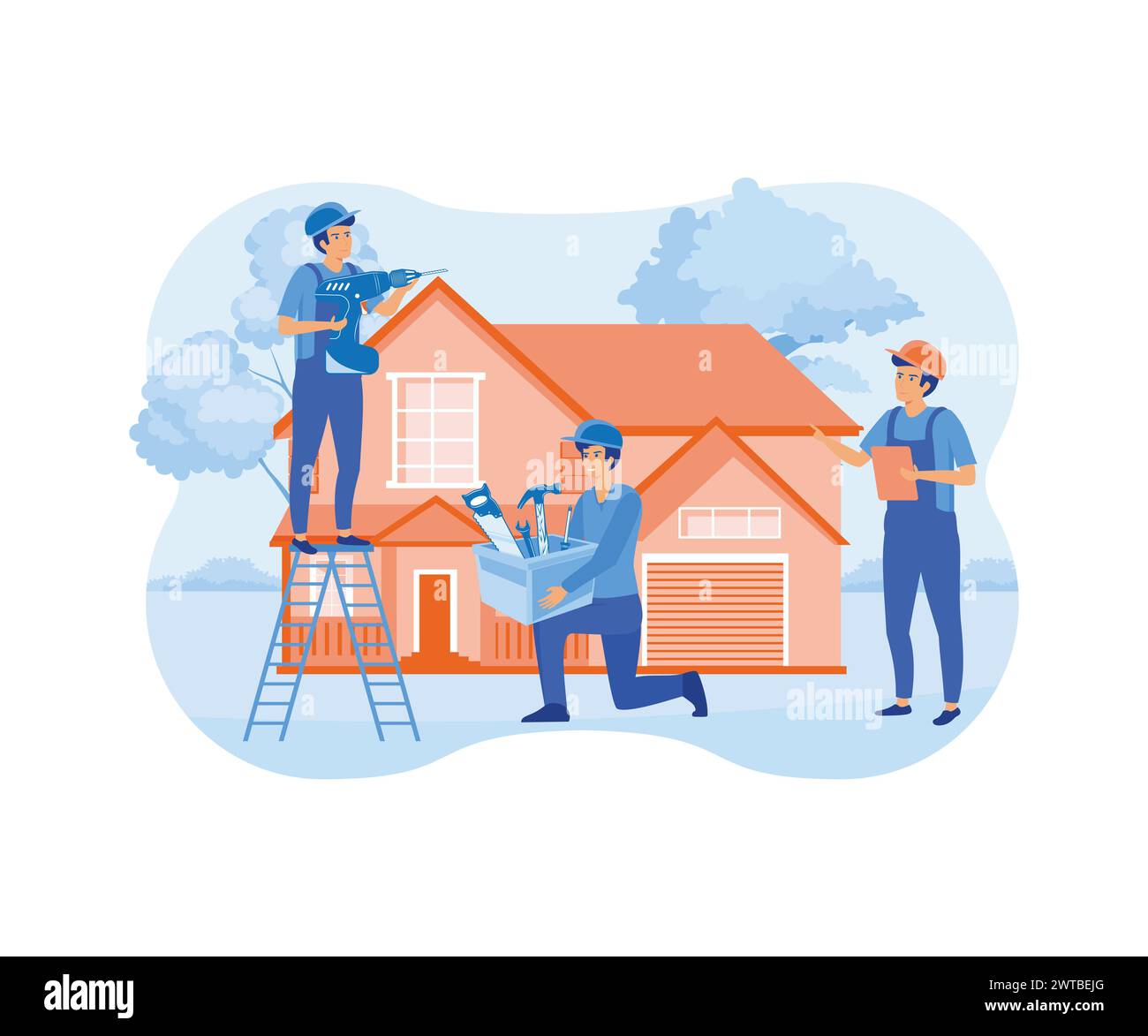 Arbeiter repariert das Dach. Gruppe von Bauherren, Dachdeckern, Vorarbeitern, Haus. Renovierung, allgemeine Ordnung und Sauberkeit, Reparaturkonzept. Moderne Illustration des flachen Vektors Stock Vektor