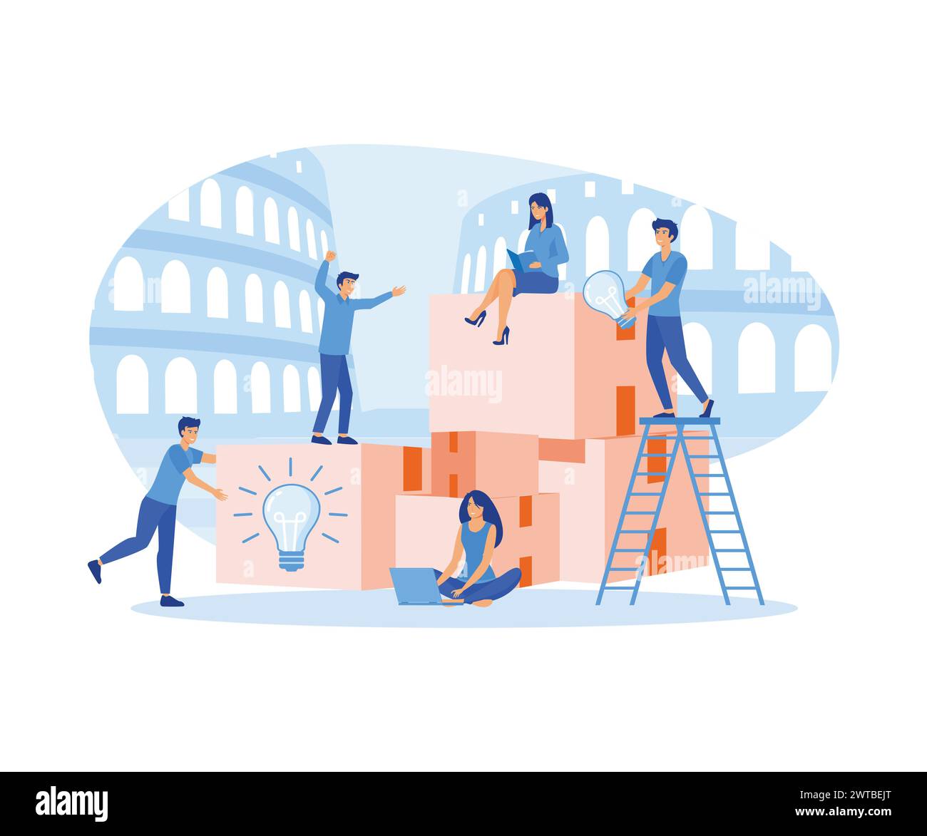 Online-Assistent 1 bei der Arbeit. Suche nach neuen Ideenlösungen, Zusammenarbeit im Unternehmen, Brainstorming, Zusammenarbeit. Flacher Vektor moderne Illus Stock Vektor