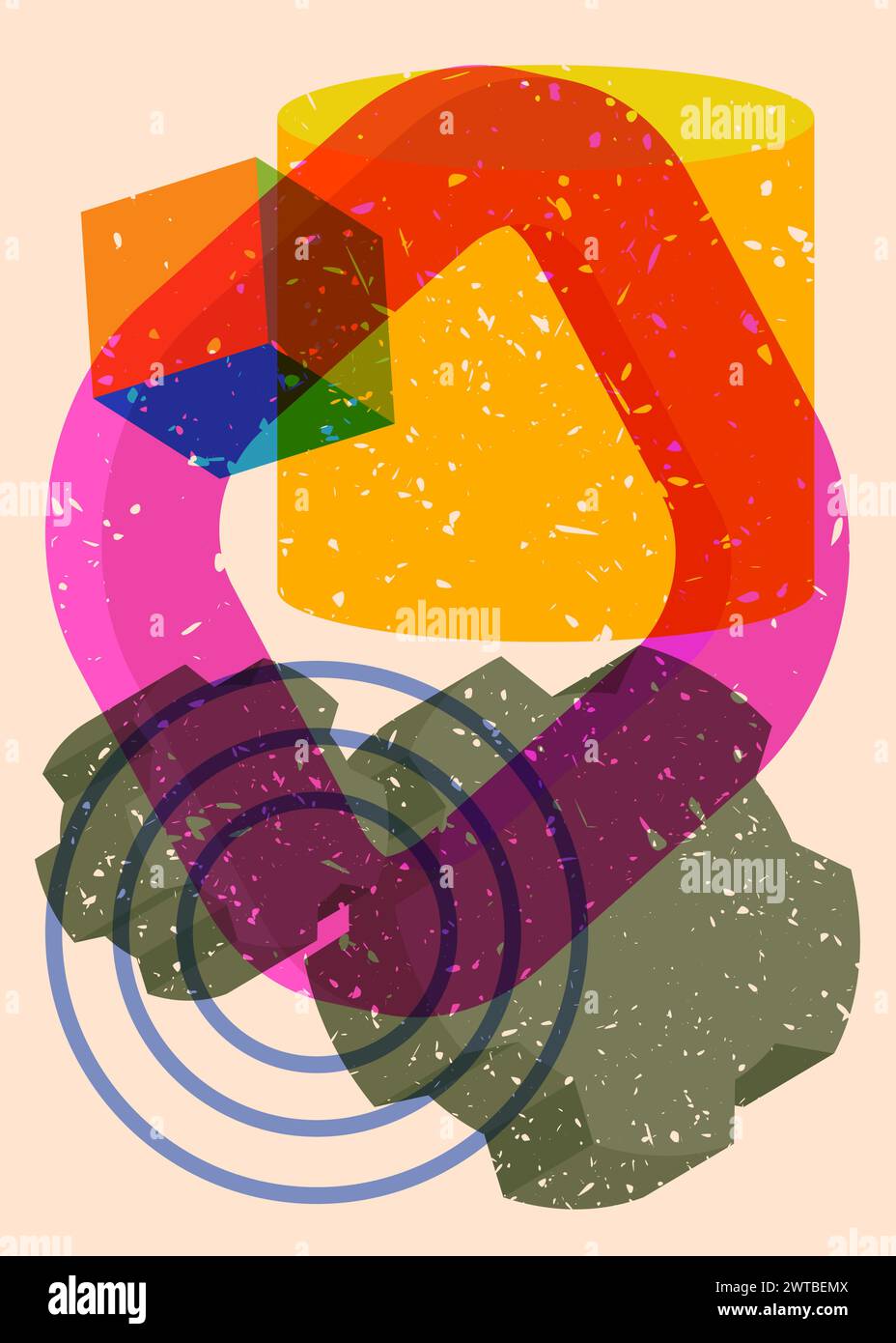 Risograph Zahnrad mit geometrischen Formen. Objekte in trendigem Riso-Grafik-Design mit Texturelementen. Stock Vektor