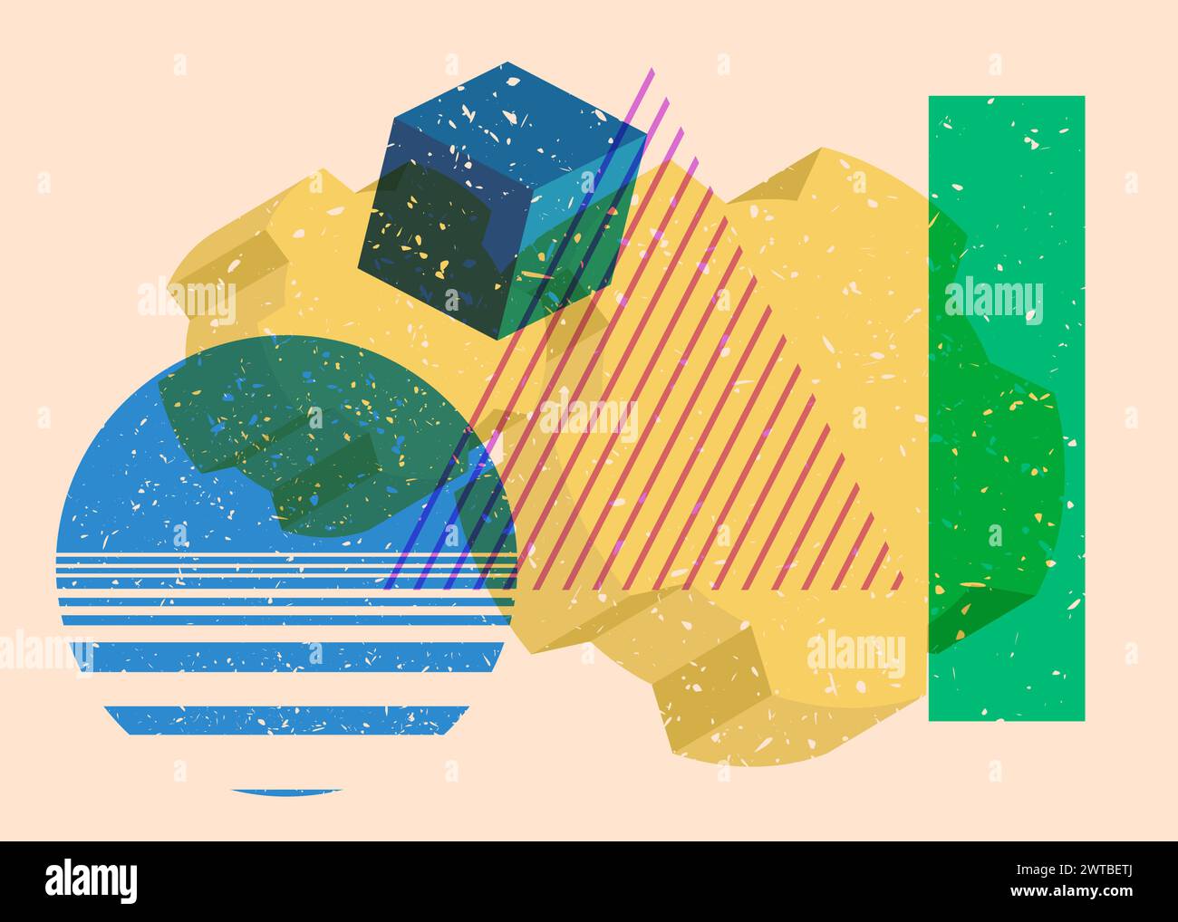 Risograph Zahnrad mit geometrischen Formen. Objekte in trendigem Riso-Grafik-Design mit Texturelementen. Stock Vektor