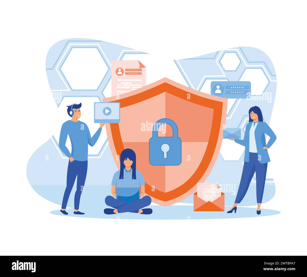 Datenschutzkonzept. Sicherheit und vertraulicher Datenschutz. Internetsicherheit. Soziale Medien. Kann für Webbanner, Infografiken und Webseiten verwendet werden. Flach Stock Vektor