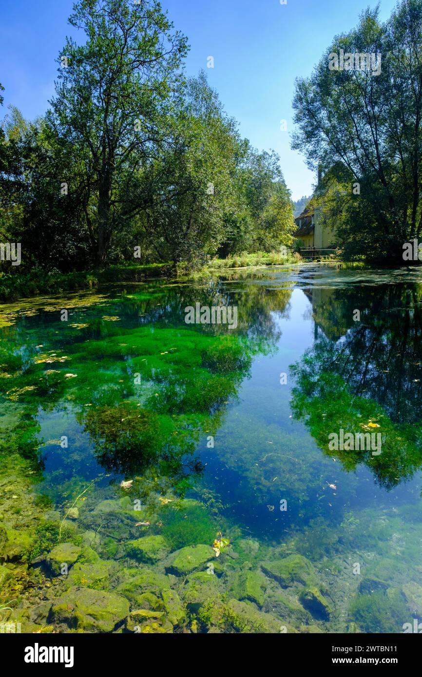 Aachtopf, blauer Springtopf, Aachquelle, Urspring bei Schelklingen, Schwäbische Alb, Baden-Württemberg, Deutschland Stockfoto