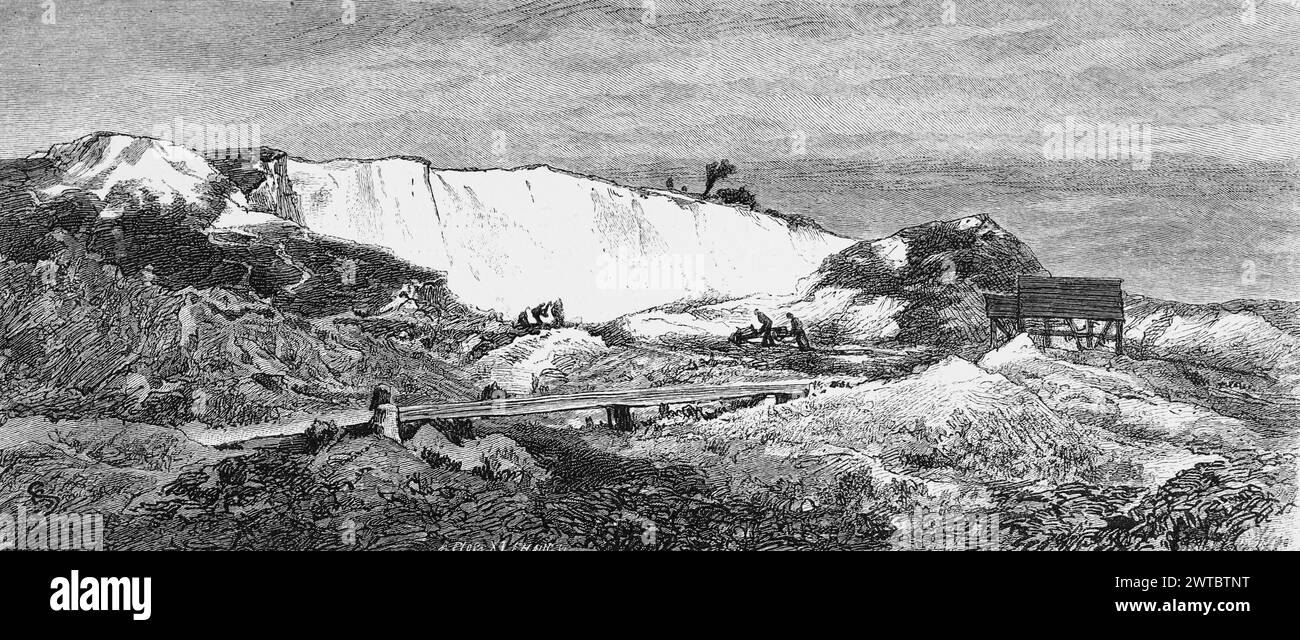 Kreidefelsen auf Jasmund, Insel Rügen, Ostsee, Mecklenburg-Vorpommern, Deutschland, Bergbau, Schubkarre, Arbeiter, Weg, historisch Stockfoto