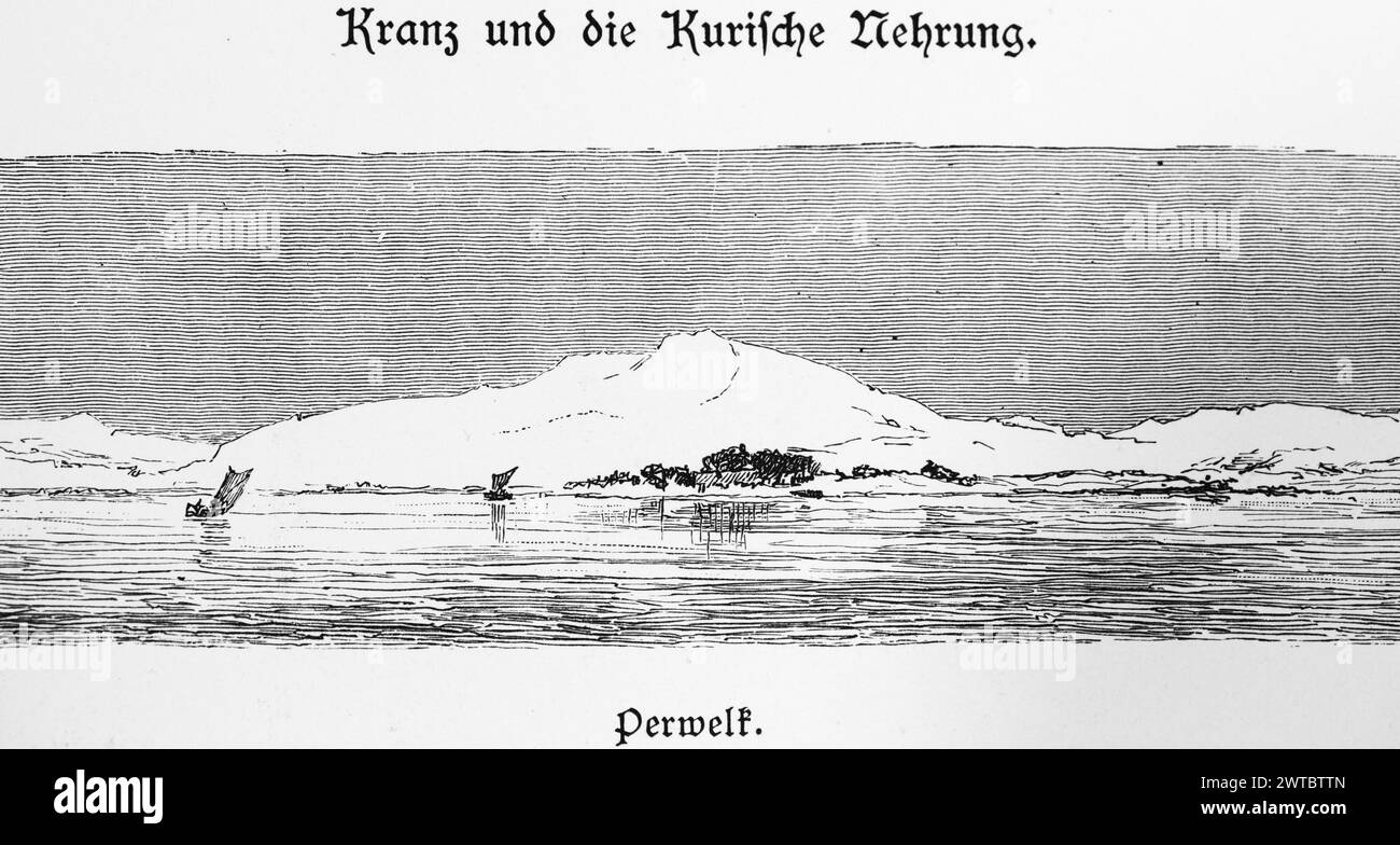 Dünenlandschaft bei Pervalka, Perwelk an der Kurischen Nehrung, Kurische Lagune, Ostsee, Litauen, Segelboote, historische Abbildung 1880 Stockfoto