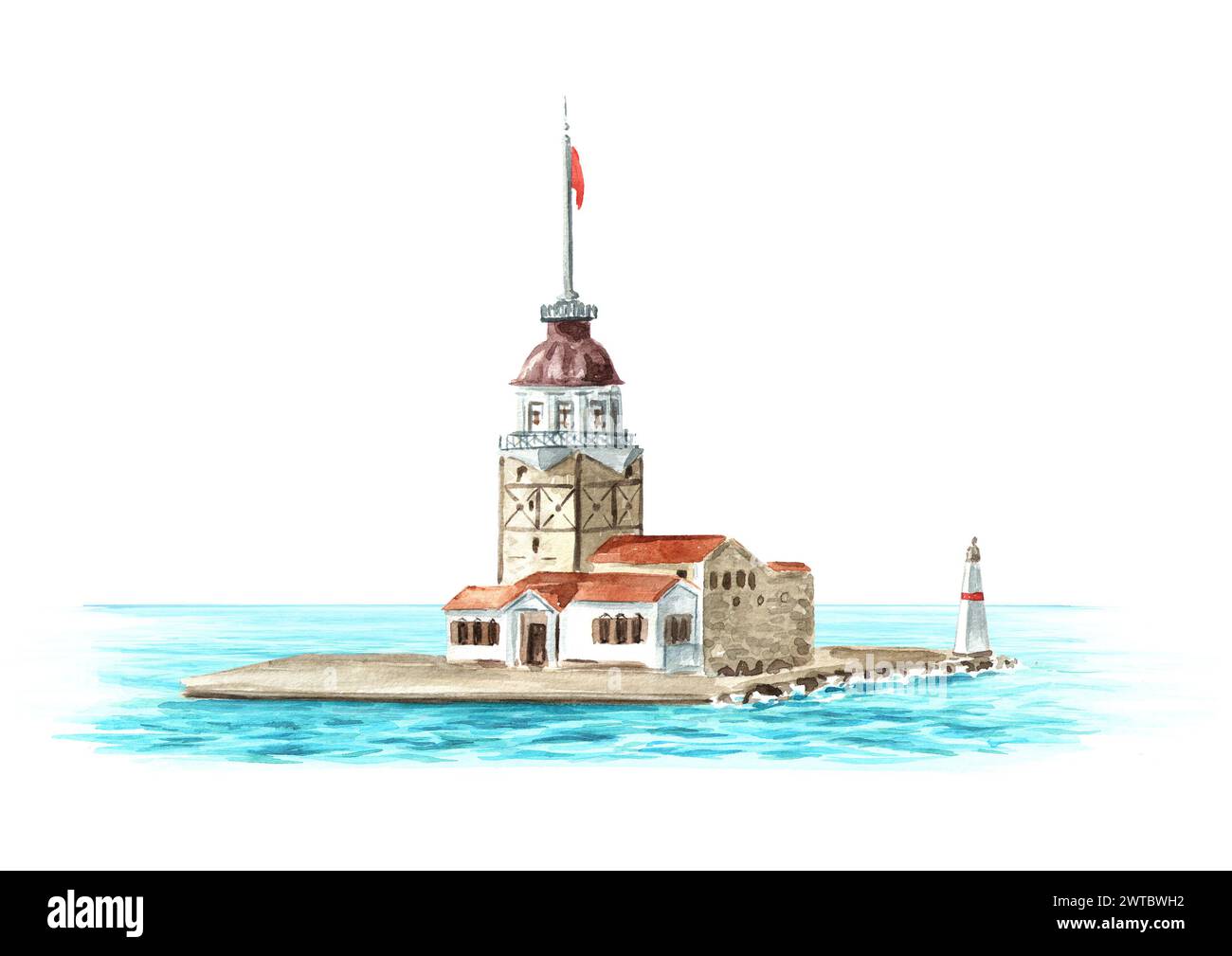Mädchenturm, Bosporus, Istanbul, Türkei. Handgezeichnete Aquarellillustration, isoliert auf weißem Hintergrund Stockfoto