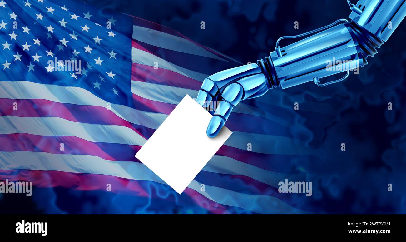 US-amerikanische KI-Stimmen oder künstliche Intelligenz bei Wahlen wie amerikanische Technologie-Stimmen oder Roboter-Wähler oder USA-Wahldesinformation Stockfoto
