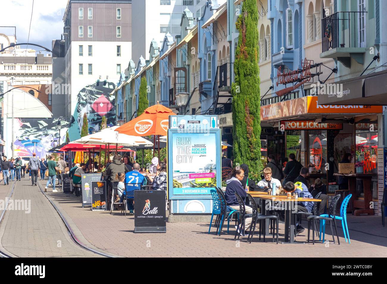 Spanische Architektur im Missionsstil, New Regent Street, Christchurch Central, Christchurch, Canterbury, Neuseeland Stockfoto