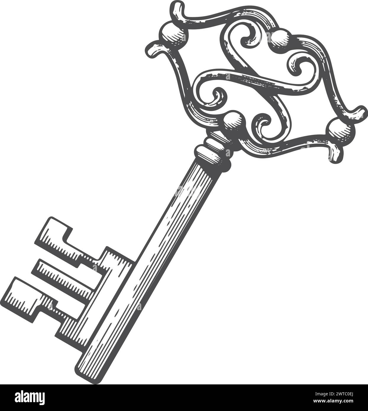 Barocke Schlüsselzeichnung aus Metall. Gravur im Vintage-Stil Stock Vektor