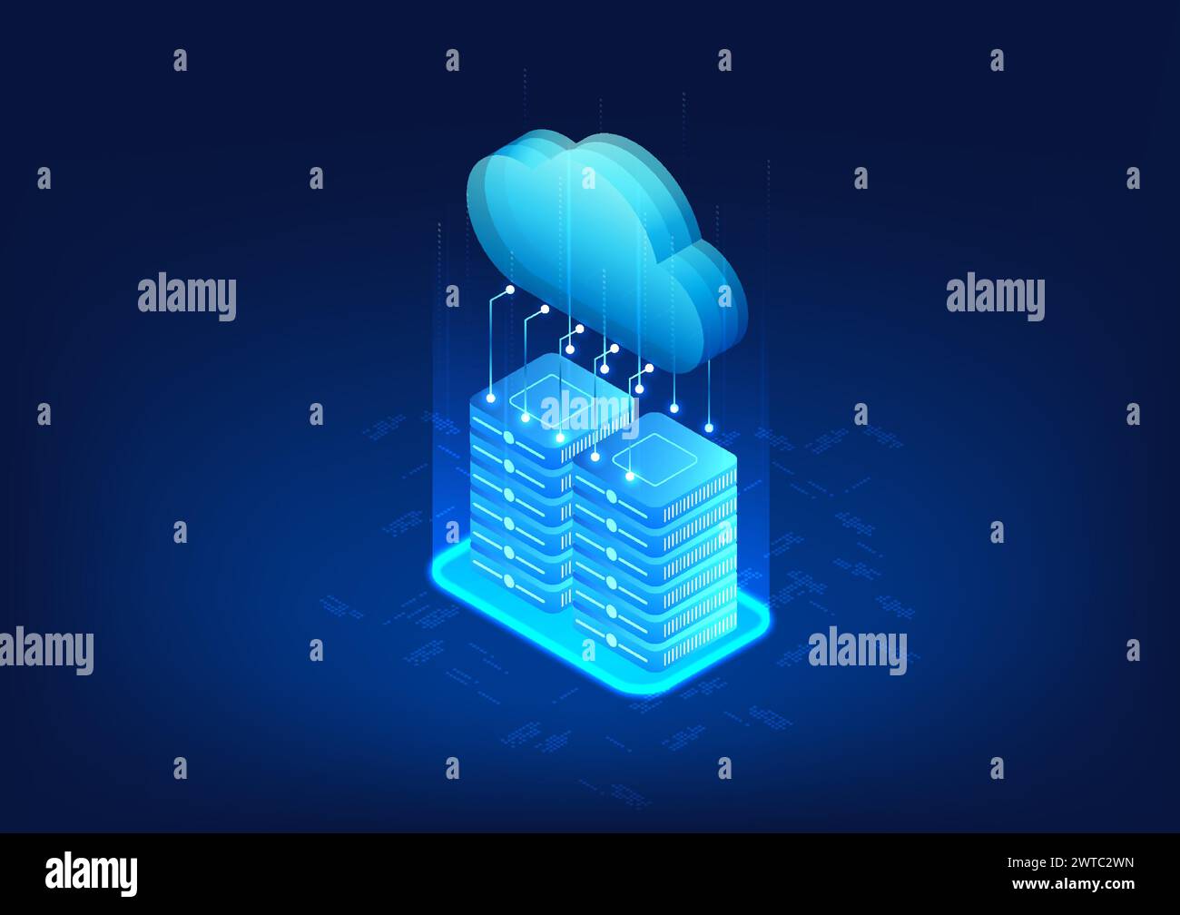 Die mit dem Server verbundene Cloud-Technologie zeigt die Verbindung der Datenspeicherung mit wichtigen Servern des Unternehmens an. Die über das Internet genutzt werden können Stock Vektor