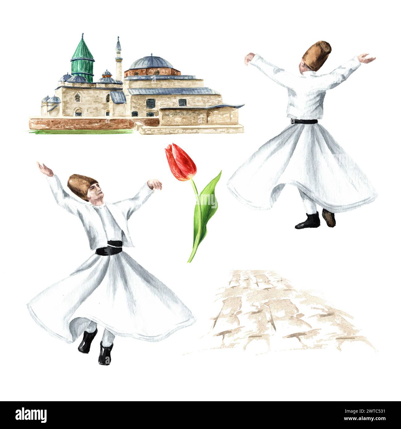 Wirbelnde Derwisch- und Mevlana-Moschee in Konya, Türkei, handgezeichnete Aquarellillustration isoliert auf weißem Hintergrund Stockfoto