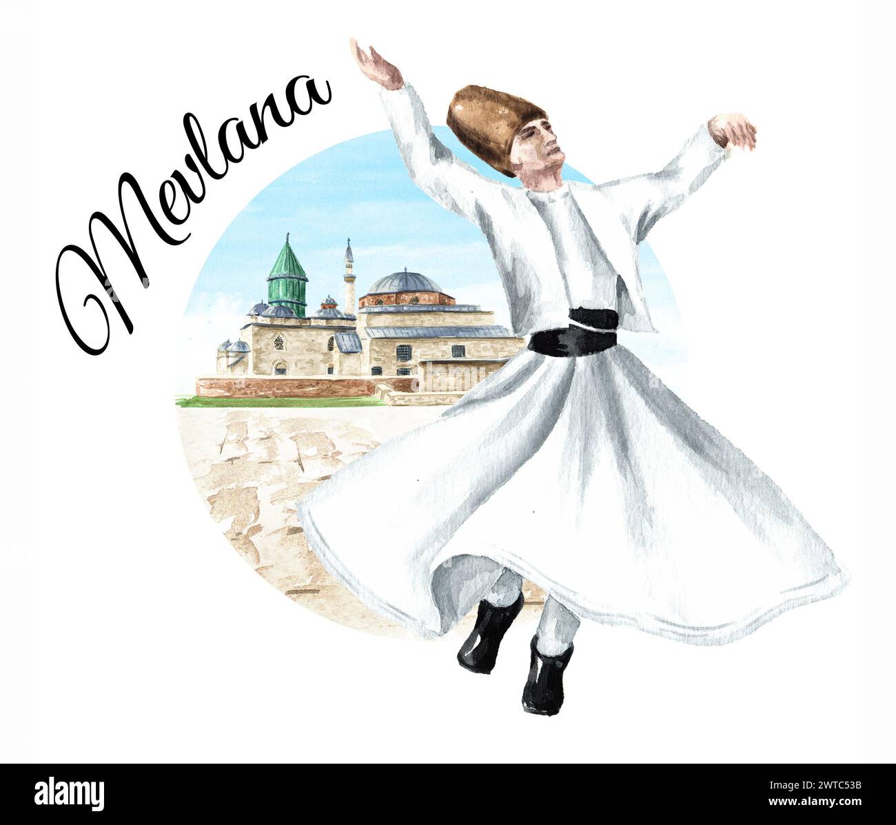 Wirbelnder Derwisch vor der Mevlana Moschee in Konya, Türkei, handgezeichnete Aquarellillustration isoliert auf weißem Hintergrund Stockfoto