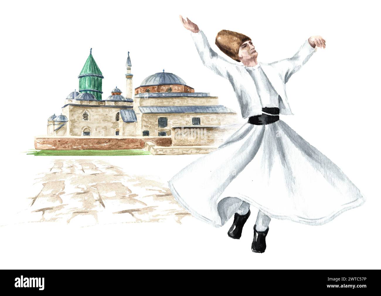 Wirbelnder Derwisch vor der Mevlana Moschee in Konya, Türkei. Handgezeichnete Aquarellillustration isoliert auf weißem Hintergrund Stockfoto