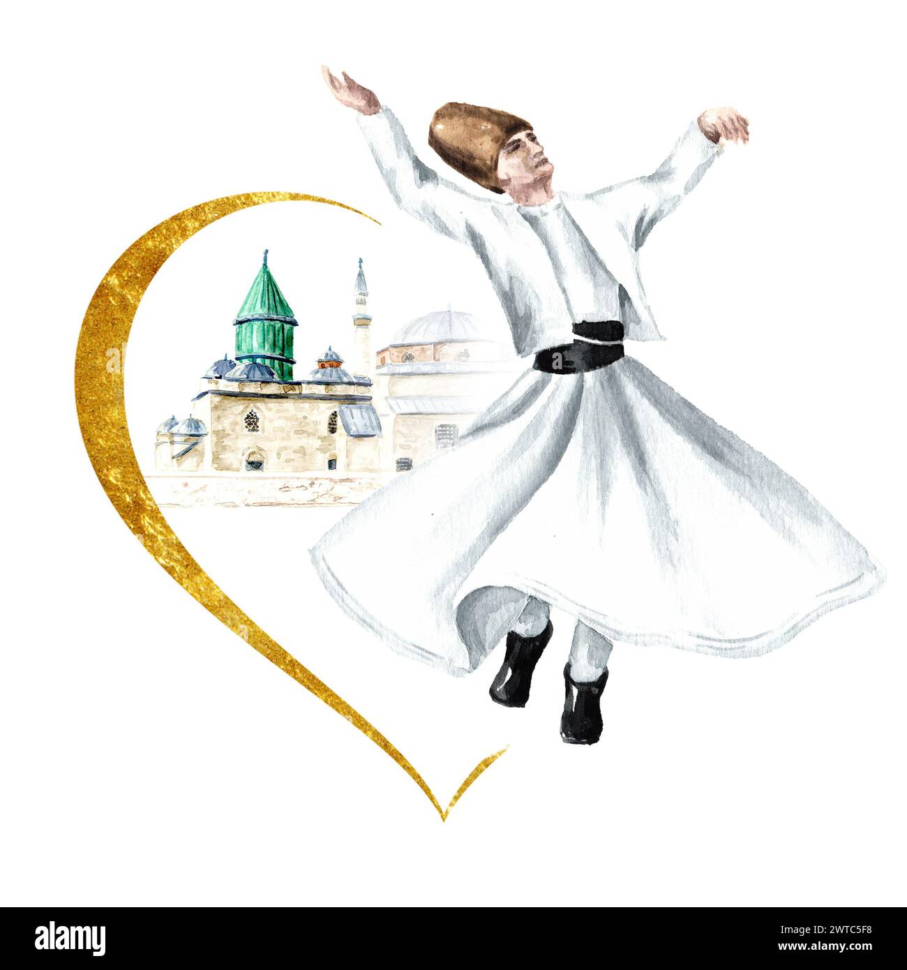 Wirbelnder Derwisch, traditionelles festliches Mevlana Rumi in Konya, Türkei. Handgezeichnete Aquarellillustration isoliert auf weißem Hintergrund Stockfoto