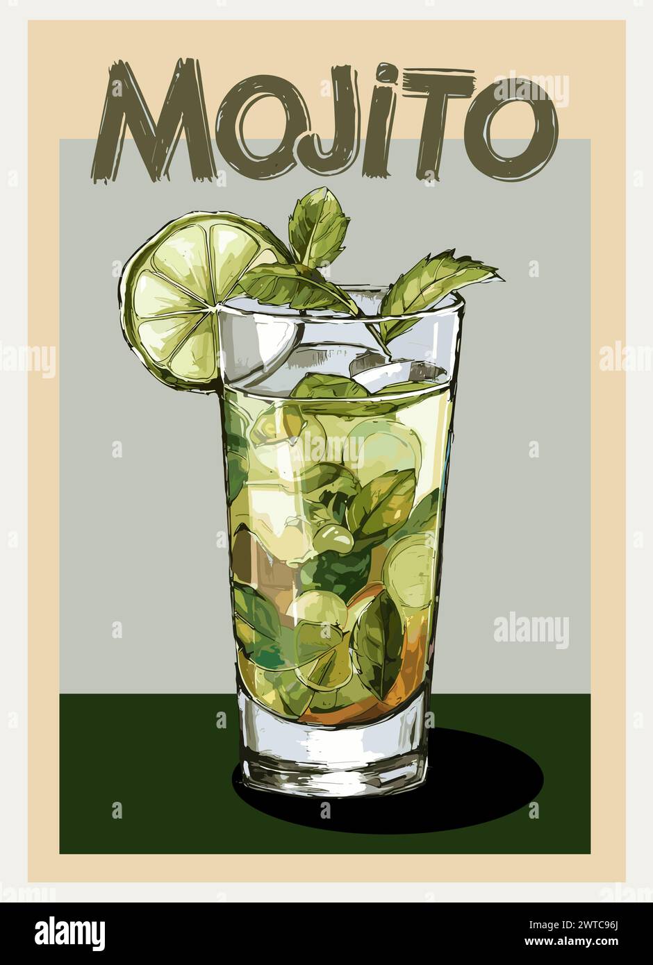 Mojito Cocktail Retro Poster Druck Vektor Kunst. Stock Vektor