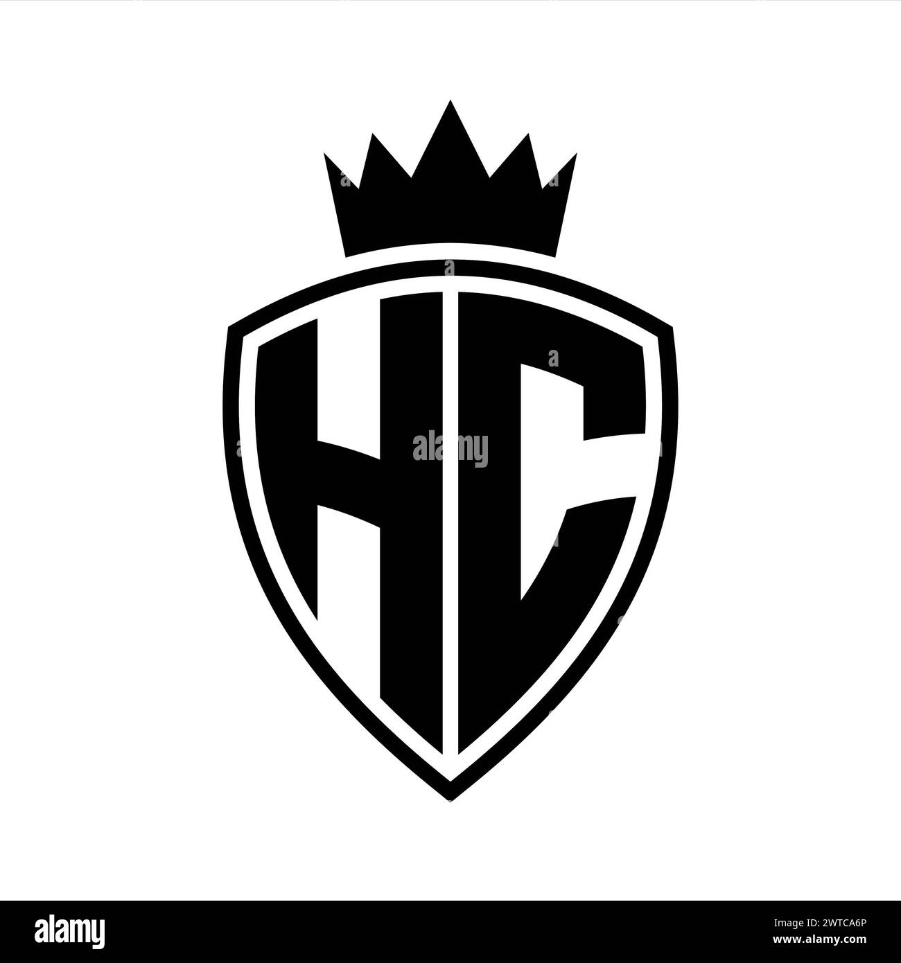 Auffälliges Monogramm des HC-Letters mit Schild- und Kronenumrissform mit schwarz-weißer Farbvorlage Stockfoto