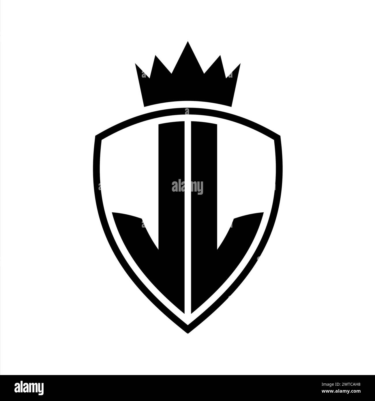 Auffälliges Monogramm JL Letter mit Schild- und Kronenumrissform mit schwarz-weißer Farbvorlage Stockfoto
